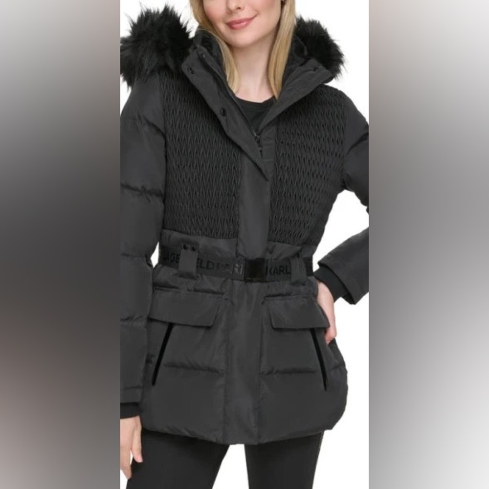 Karl Lagerfeld Paris Smocked Belted Ski Puffer Jacket with Faux Fur Hood